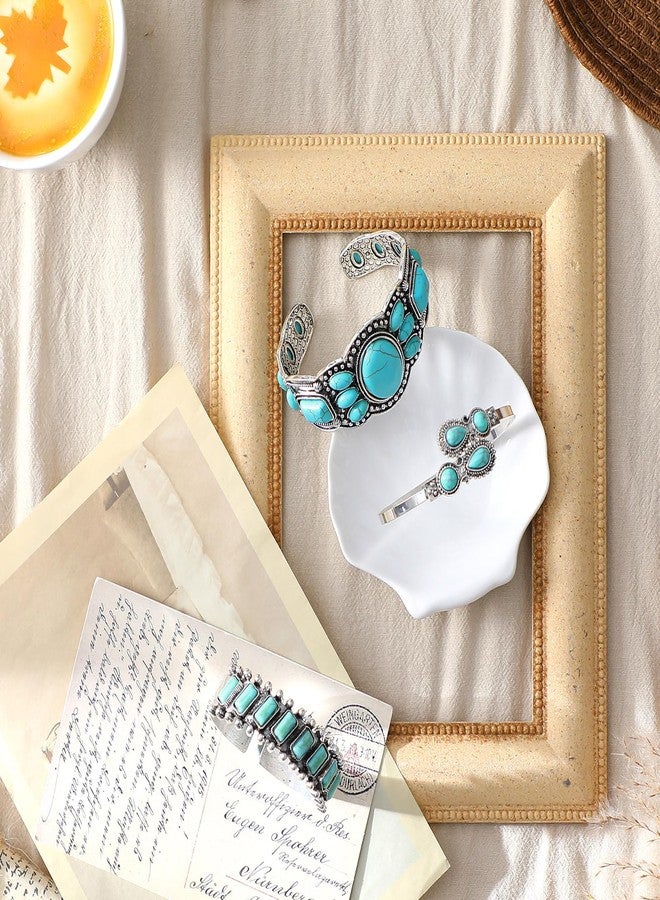 Highergo 3 Pcs Turquoise Bracelet for Women Bohemian Bracelet Western Bracelets Silver Cuff Bangle Fashion Jewelry - Image 4